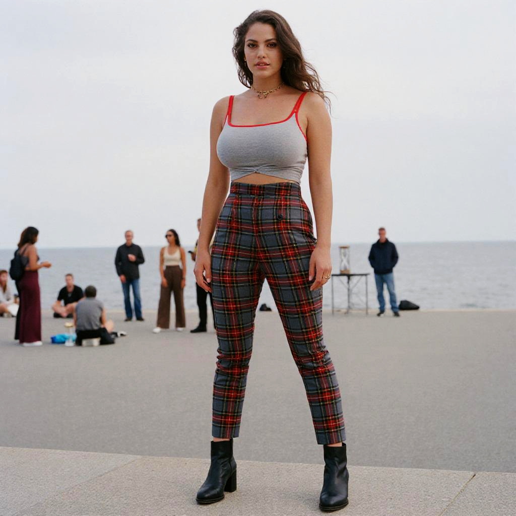Hourglass Woman in Casual-Chic Grey Crop Top and Plaid Pants Outfit