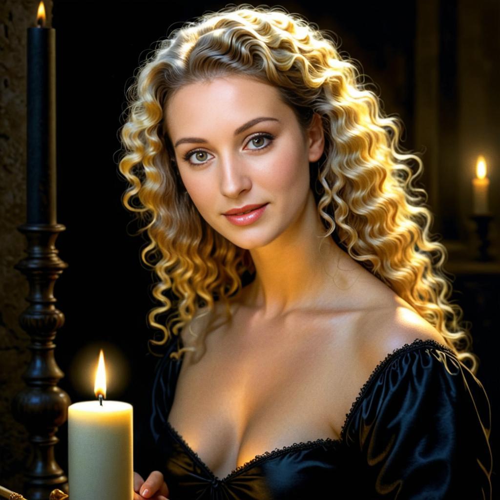 Elegant Woman with Curly Hair in Candlelight