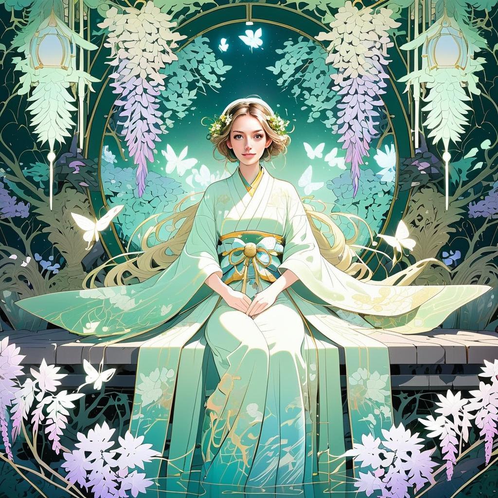 Serene Woman in Pastel Kimono Amidst Wisteria Garden Serene Woman in Pastel Kimono Amidst Wisteria Garden