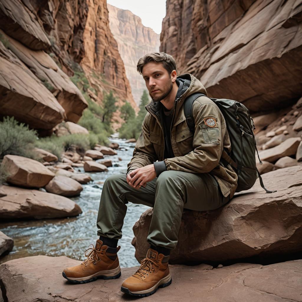 Pensive Man in Outdoor Gear in Canyon