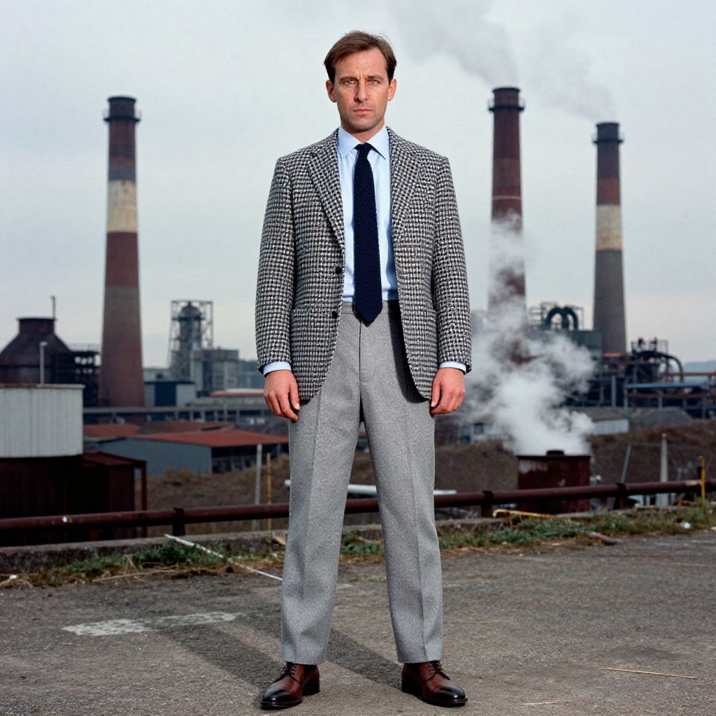 Man in Houndstooth Blazer Standing in Industrial Factory Setting