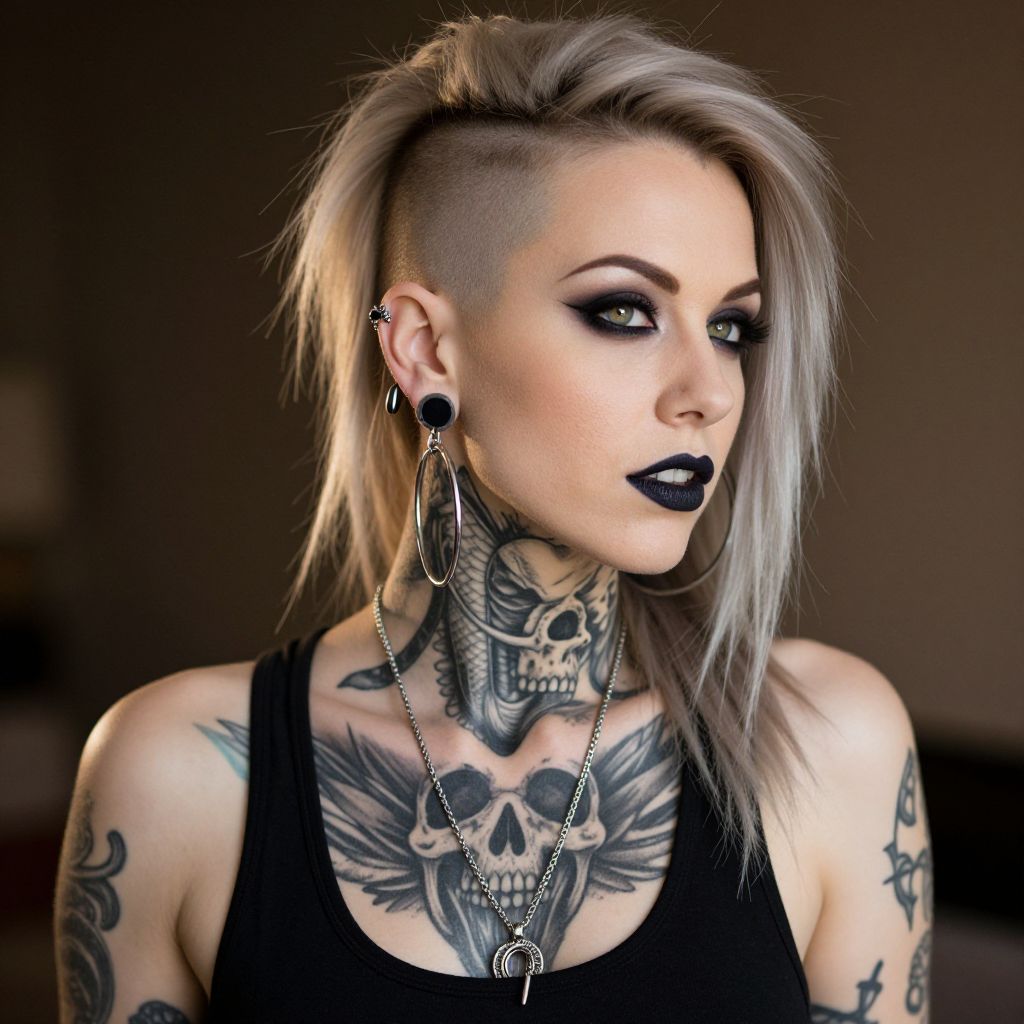 Edgy Woman with Skull Tattoos and Blonde Undercut Hairstyle
