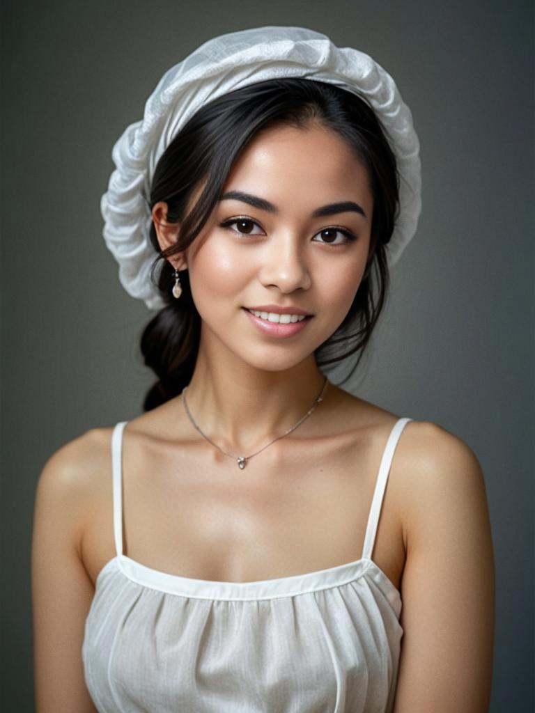 Elegant Young Woman in White Headpiece and Dress