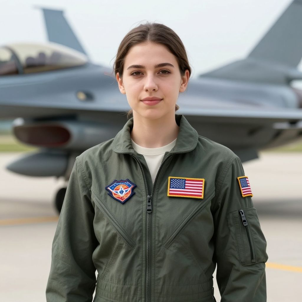 Female Pilot in Flight Suit Standing by Military Jet