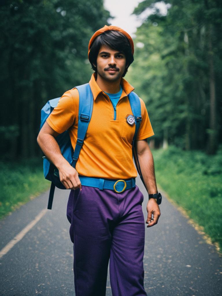 Man in Retro Outfit on Forest Path