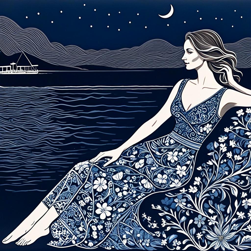 Elegant Woman by Water under Crescent Moon Elegant Woman by Water under Crescent Moon