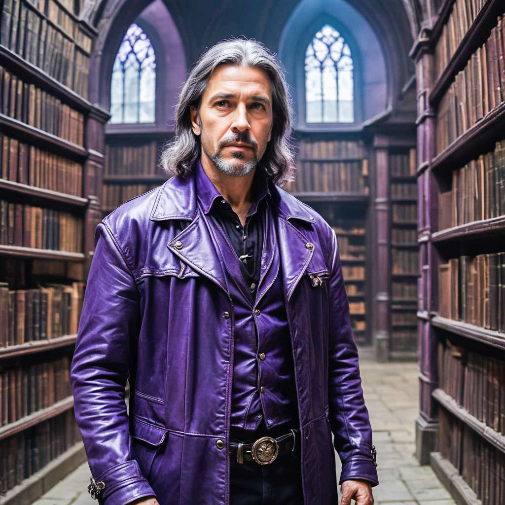 Charismatic Man in Purple Coat in Grand Library