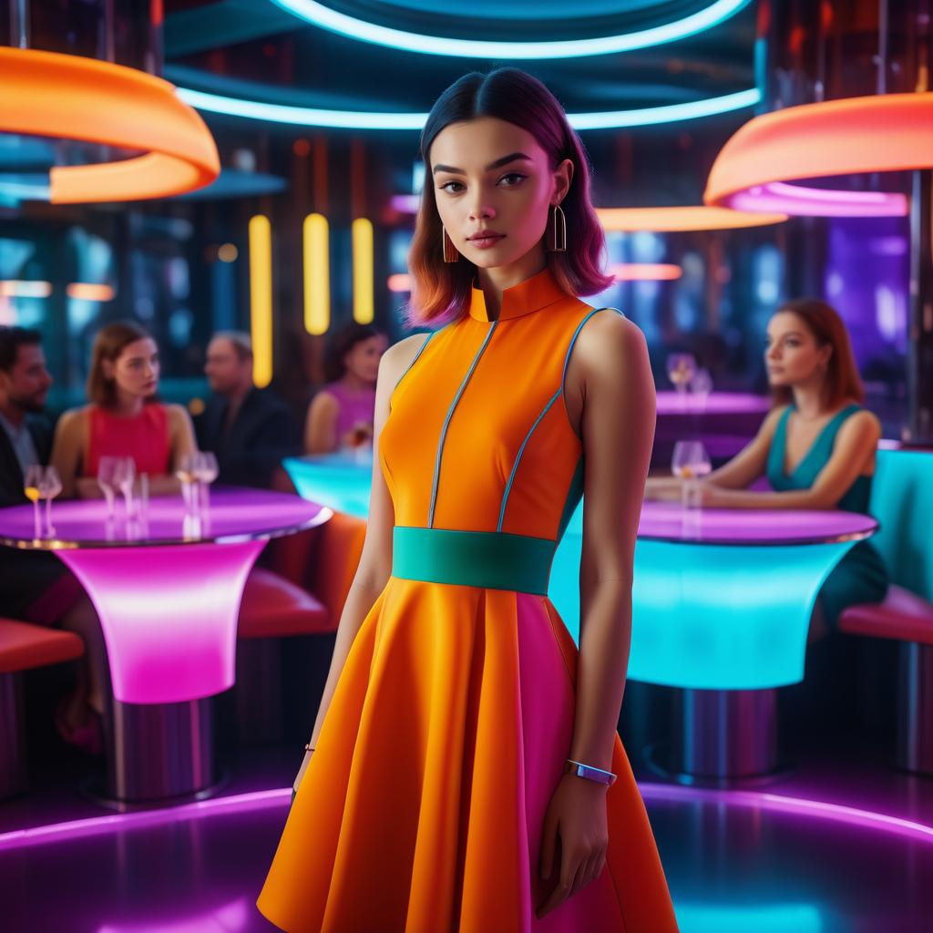 Woman in Orange Dress at Modern Nightclub