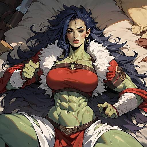 Strong Green-Skinned Warrior Woman Digital Artwork Illustration