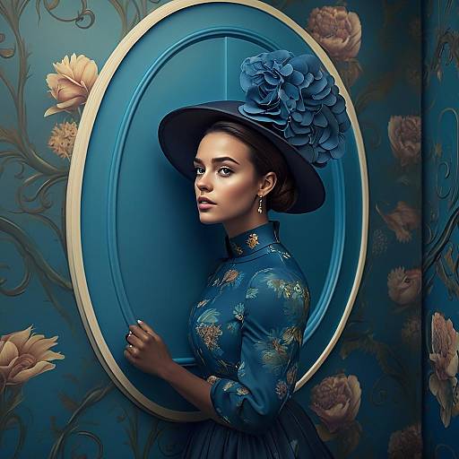 Elegant Woman in Vintage Floral Dress and Hat Blue Background
