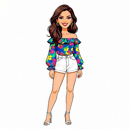 Woman in Colorful Floral Off-Shoulder Top and White Shorts Casual Summer Style Illustration