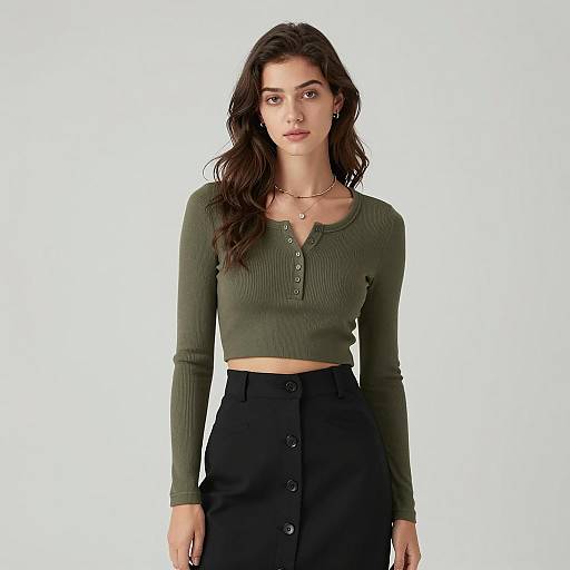 Gen Z Woman Wearing Olive Green Crop Top and Black Button-Down Skirt