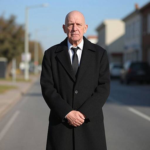 Solemn Elderly Man in Black Overcoat Standing on Suburban Street