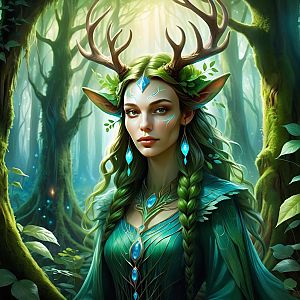 Mystical Woman with Antlers in Enchanted Forest