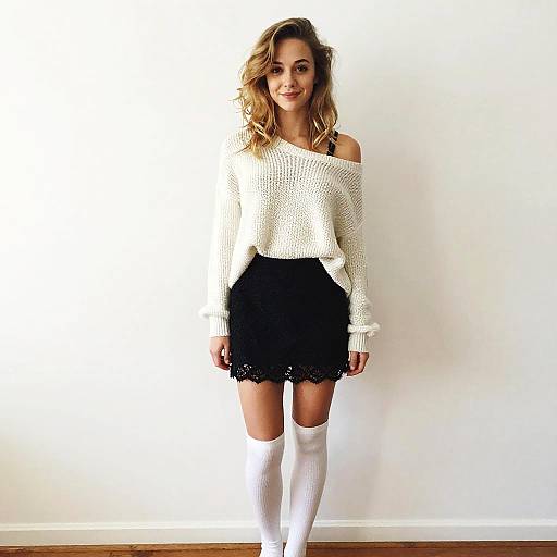 Casual Gen Z Fashion: Woman in Oversized Sweater with Black Lace Mini Skirt and Knee-High Socks