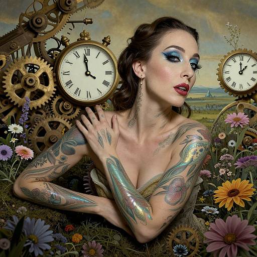 Tattooed Woman in Steampunk Setting with Clocks and Gears