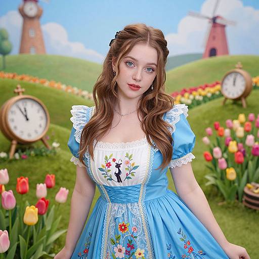 Young Woman in Blue Vintage Dress in Whimsical Garden with Clocks and Tulips