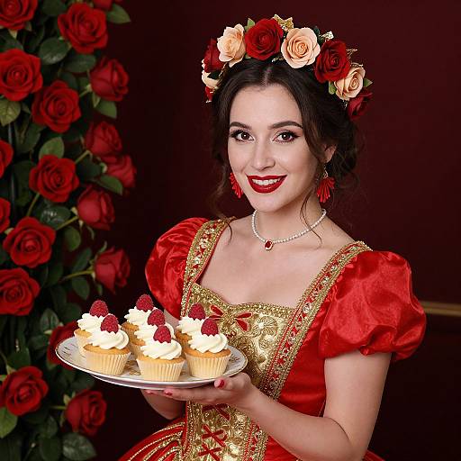 Woman in Red Traditional Dress with Floral Crown Holding Cupcakes
