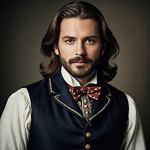 Man in Vintage Aristocratic Costume with Navy Vest and Red Bow Tie
