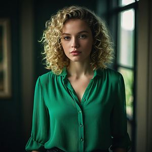 Portrait of Woman in Green Blouse with Curly Blonde Hair Indoors