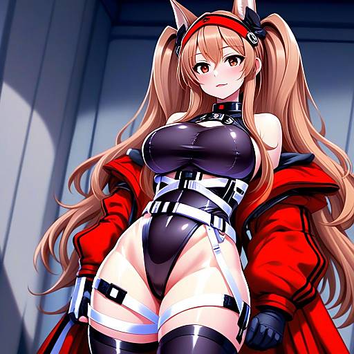Anime Woman in Futuristic Black Bodysuit with Red Jacket and Fox Ears