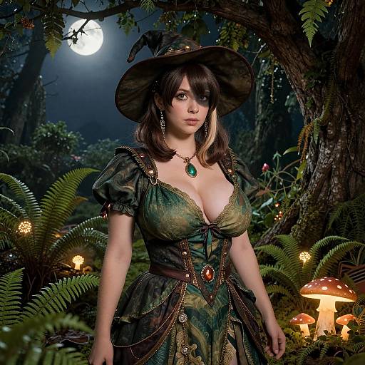 Fantasy Witch Costume Woman in Enchanted Forest with Full Moon