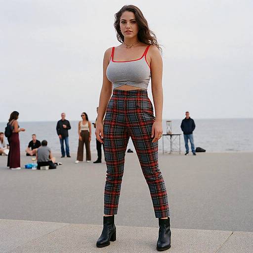 Hourglass Woman in Casual-Chic Grey Crop Top and Plaid Pants Outfit