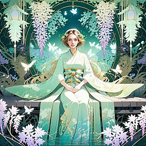 Serene Woman in Pastel Kimono Amidst Wisteria Garden