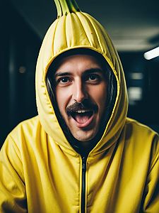 Photorealistic Humorous Man in Banana Costume Cosplay Portrait
