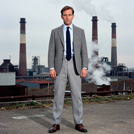 Man in Houndstooth Blazer Standing in Industrial Factory Setting