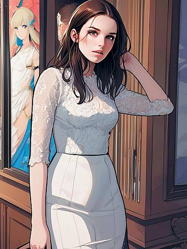 Semi-Realistic Anime Woman in White Lace Dress by Wooden Door Digital Art