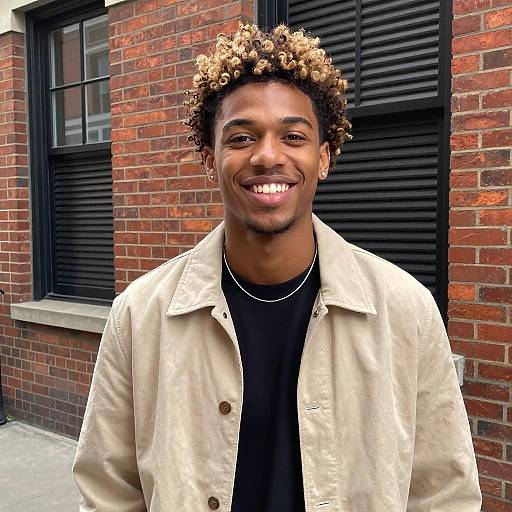 Smiling Young Man in Casual Street Style with Curly Highlighted Hair
