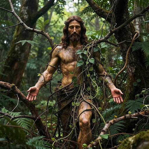 Man as Nature Spirit Entwined with Vines in Lush Forest