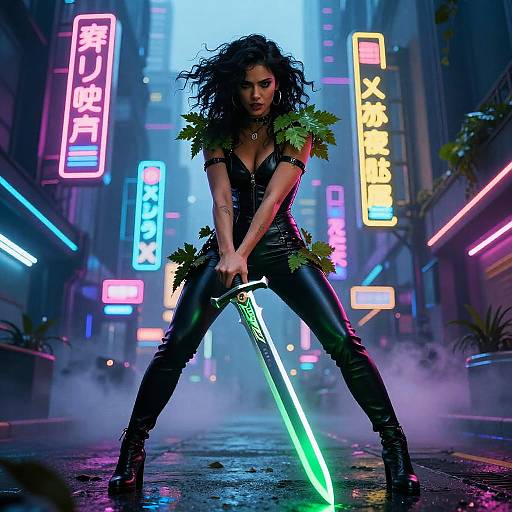 Cyberpunk Woman with Glowing Sword in Neon City Street
