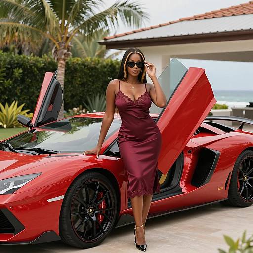 Elegant Woman Posing by Red Luxury Sports Car in Tropical Setting