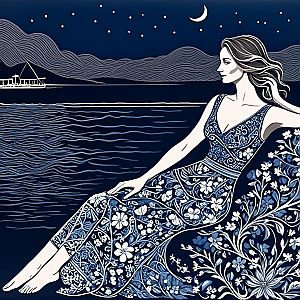 Elegant Woman by Water under Crescent Moon