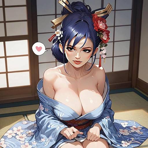 Anime Woman in Floral Blue Kimono in Traditional Japanese Room Artwork