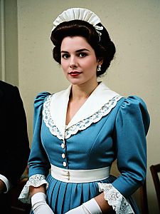 Woman Wearing Vintage Miss Elizabeth Costume in Blue Dress with White Lace Trim