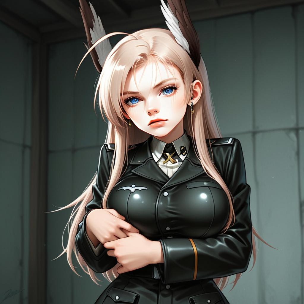 Anime Style Woman in Black Military Uniform with Blue Eyes and Feather Headpiece