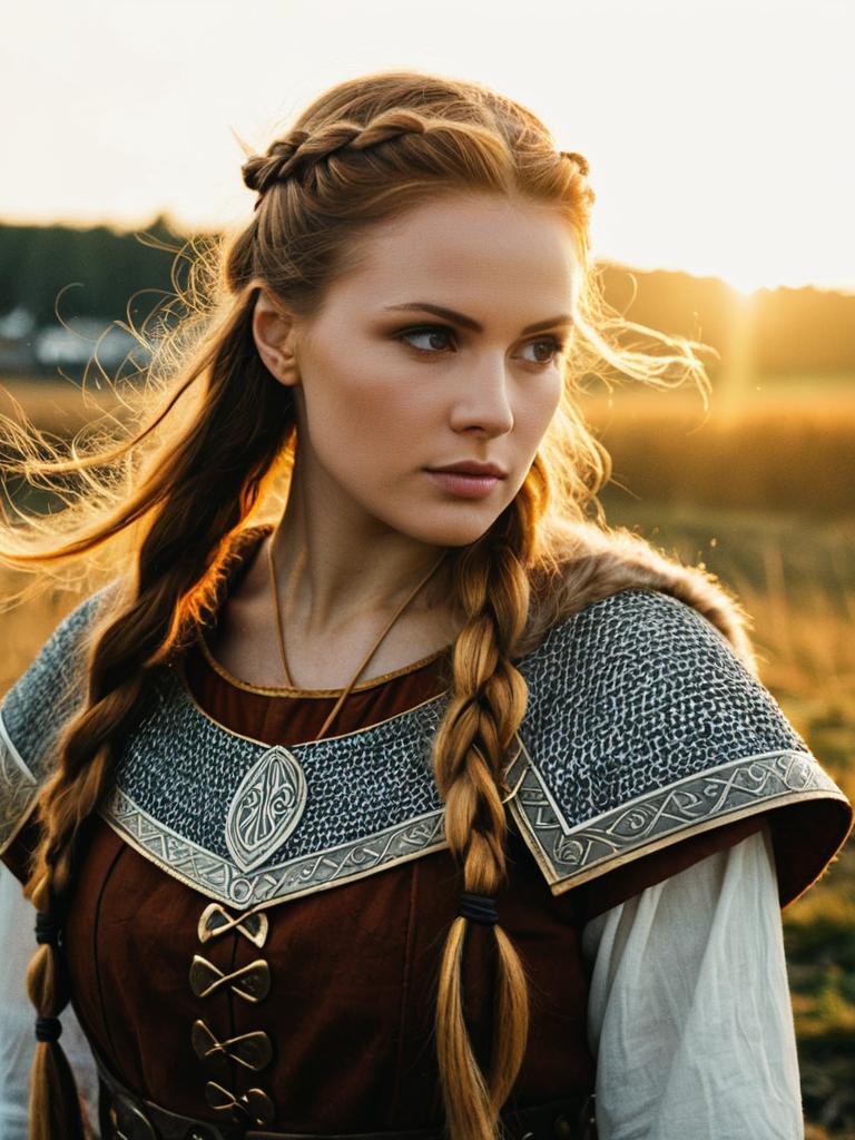 Woman in Viking Costume Outdoor Portrait at Golden Hour Woman in Viking Costume Outdoor Portrait at Golden Hour