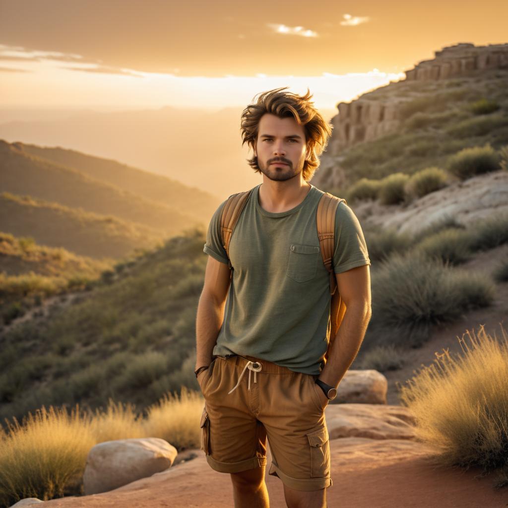 Young Man in Mountain Landscape at Sunset