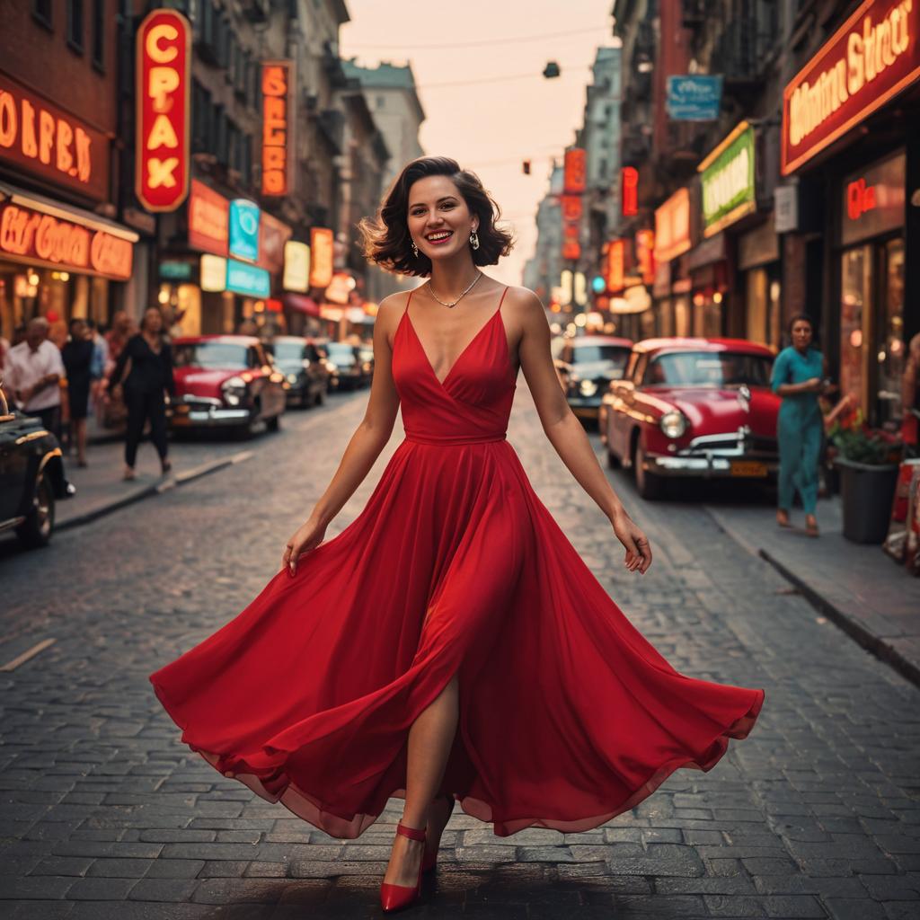 Elegant Woman in Red Dress Twirling on City Street