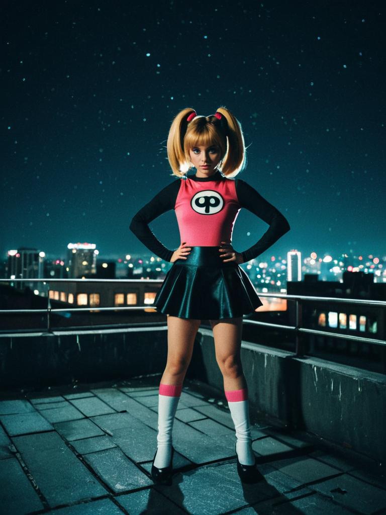 Confident Woman in Vibrant Costume on Rooftop at Night