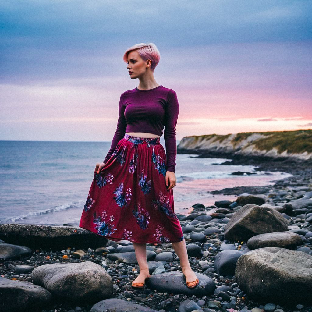 Young Woman with Pink Hair on Rocky Shoreline at Sunset Young Woman with Pink Hair on Rocky Shoreline at Sunset