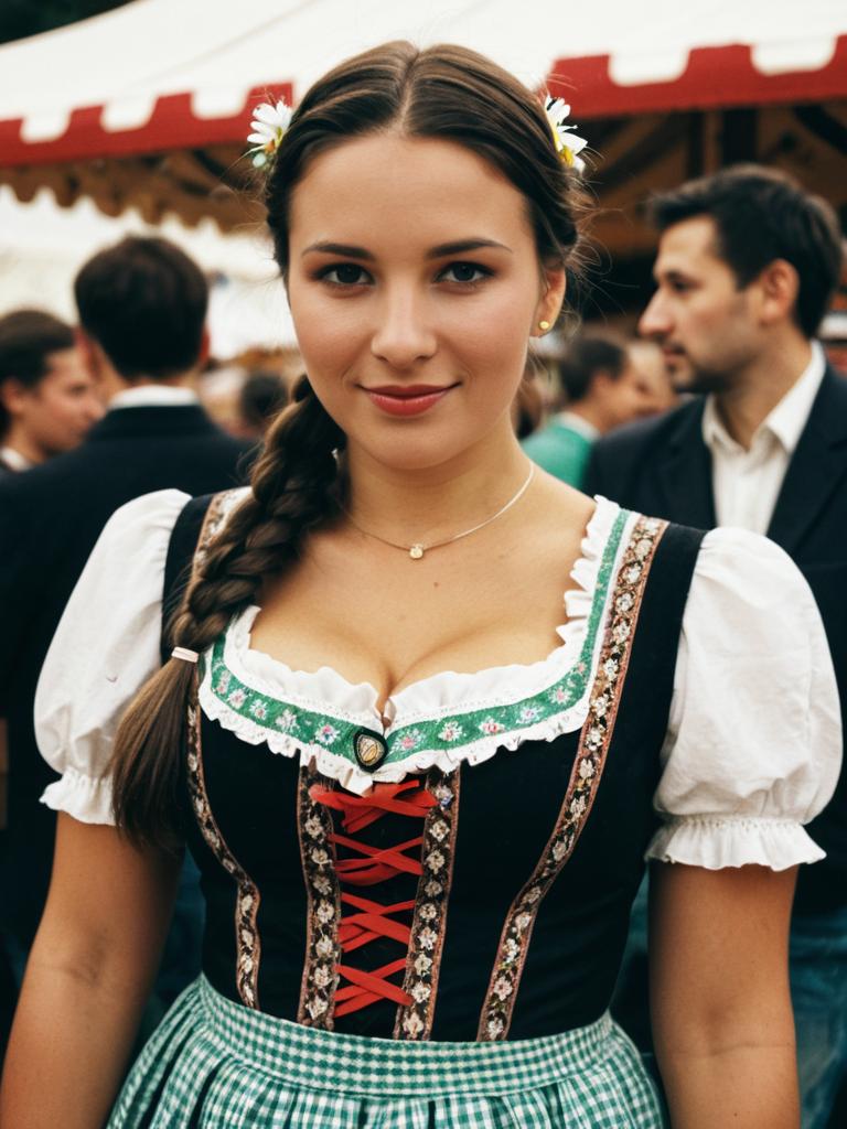 Woman Wearing Traditional Bavarian Dirndl at Oktoberfest Celebration
