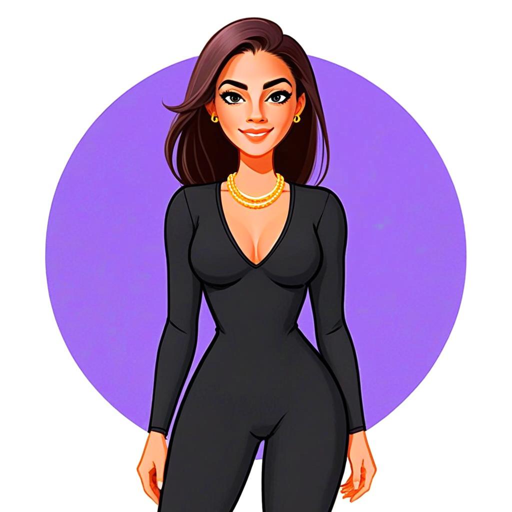 Chic Woman with Pretty Face and Hair in Black Outfit Digital Illustration