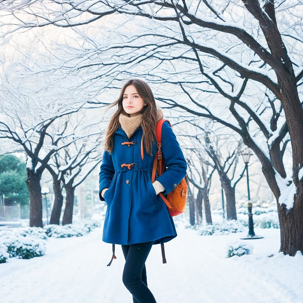 Young Woman in Stylish Blue Coat in Winter Landscape