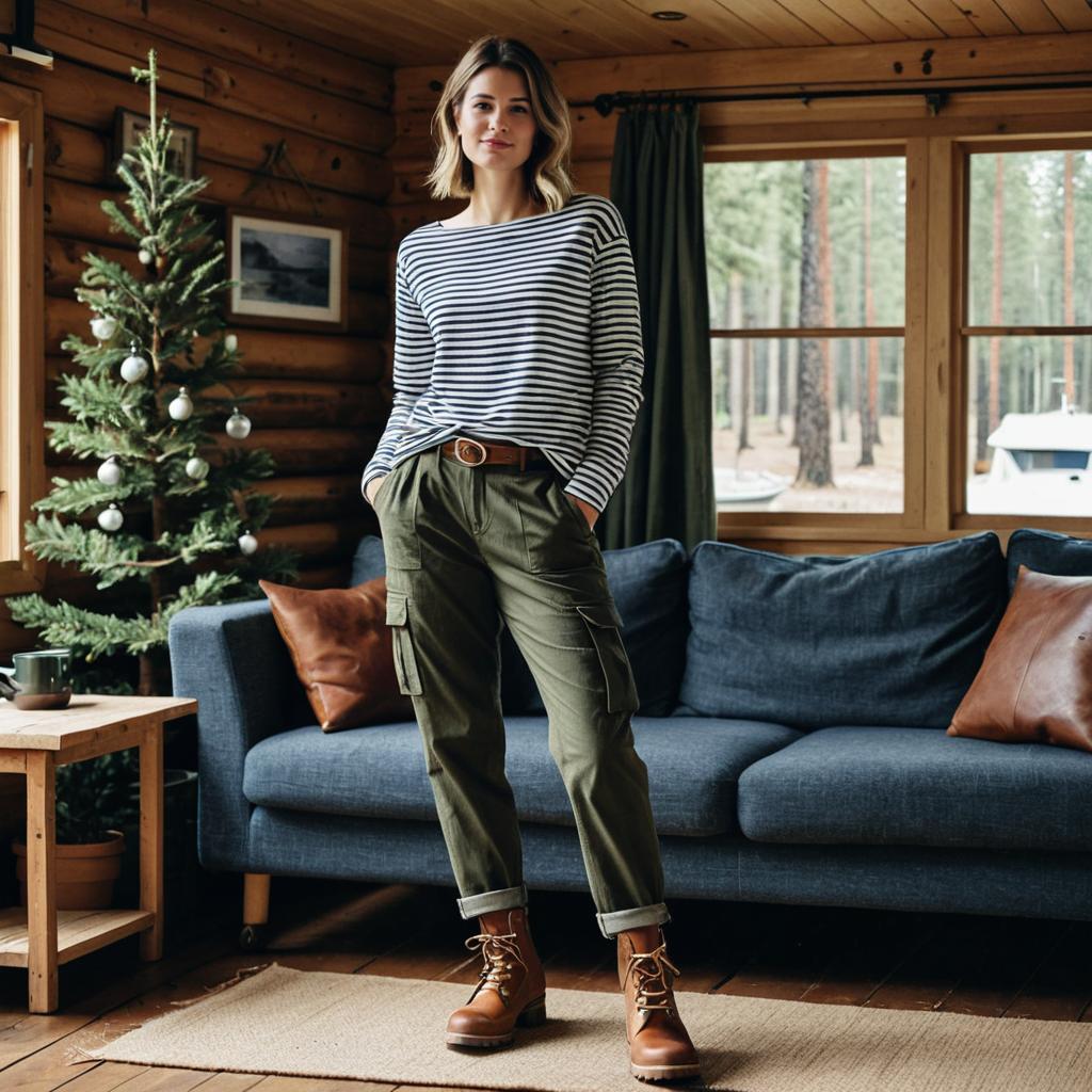 Casual Woman in Cozy Rustic Log Cabin with Christmas Tree