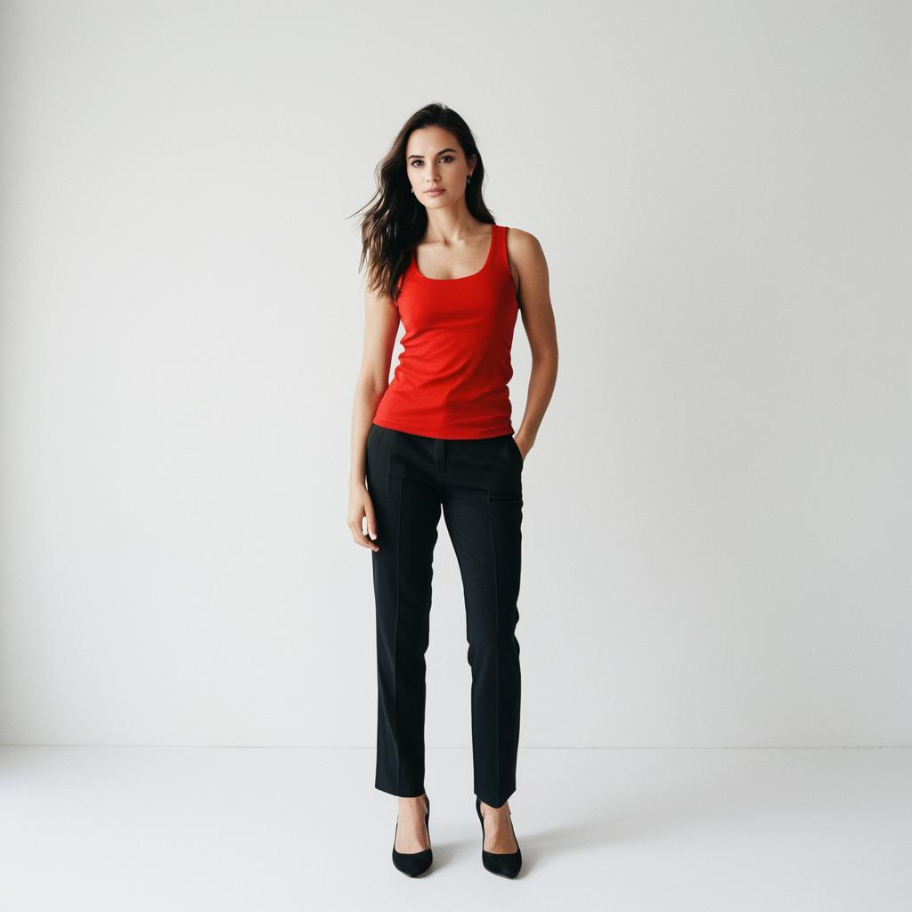 Confident woman in red top and black pants