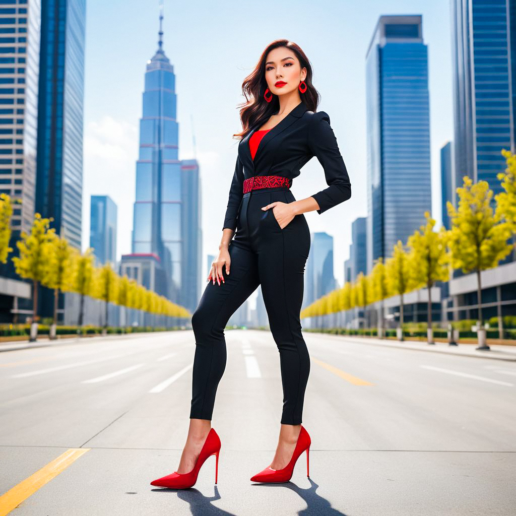 Confident woman in stylish black outfit on city street